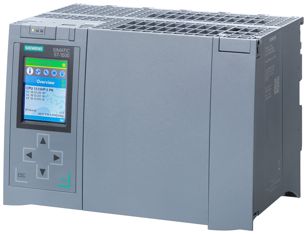 6ES7518-4JP00-0AB0 SIMATIC S7-1500H, CPU 1518HF-4 PN, central processing unit with 9 MB work memory for program and 60 MB for data, 1st interface: PROFINET RT with 2-port switch, 2nd interface: PROFINET, 3rd interface: PROFINET, 4th/5th interface: H-SYNC,