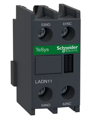 LADN11 Auxiliary contact block, TeSys Deca, 1NO + 1NC, front mounting, screw clamp terminals