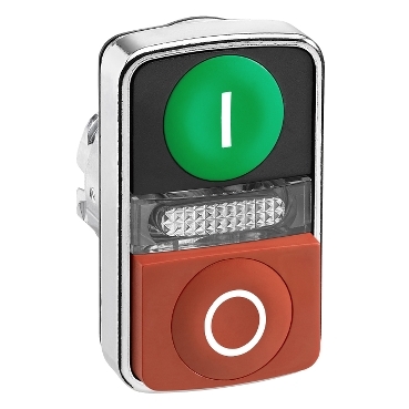 ZB4BW7L3741 Harmony XB4, Illuminated double-headed push button head, metal, Ø22, marked, 1 green flush I + 1 pilot light + 1 red projecting O