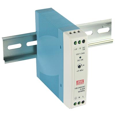 MDR-20-24 AC-DC Industrial DIN rail power supply; Output 24Vdc at 1A; plastic case
