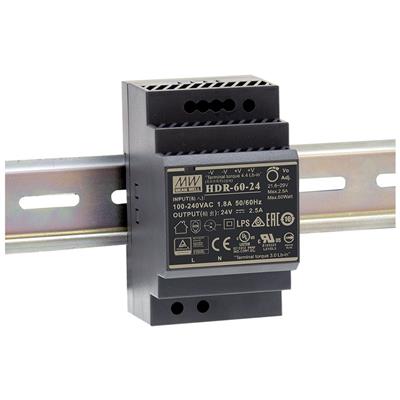 HDR-60-24 AC-DC Ultra slim DIN rail power supply; Input range 85-264VAC; Output 24VDC at 2.5A; Pass LPS
