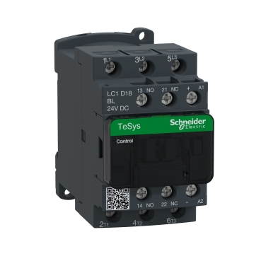 LC1D18BL Contactor, TeSys Deca, 3P(3 NO), AC-3/AC-3e, 0 to 440V, 18A, 24VDC low consumption coil