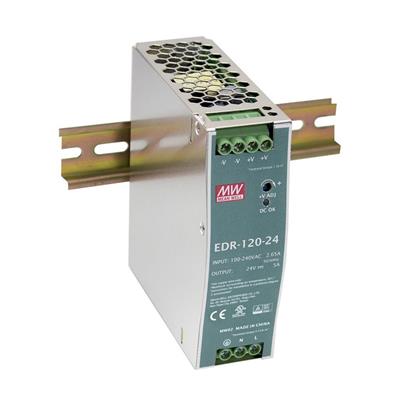 EDR-120-24 Toiteplokk DIN liistule,120W, 24VDC, 24...28VDC, 5A, 90...264VAC, metallkorpus, Mean Well0,6kg TW