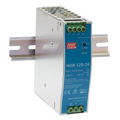 NDR-120-24 AC-DC Single output Industrial DIN rail power supply; Output 24Vdc at 5A; metal case