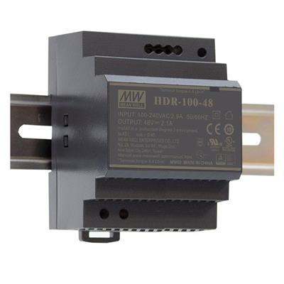 HDR-100-24N AC-DC Ultra slim DIN rail power supply; Input range 85-264VAC; Output 24VDC at 4.2A; Non-LPS