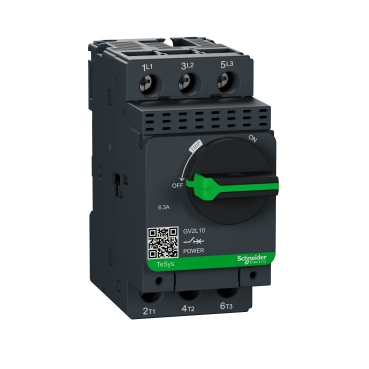 GV2L10 Motor circuit breaker, TeSys Deca, 3P, 6.3 A, magnetic, rotary handle, screw clamp terminals