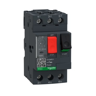 GV2ME01 Motor circuit breaker, TeSys Deca, 3P, 0.1 to 0.16A, thermal magnetic, screw clamp terminals, button control