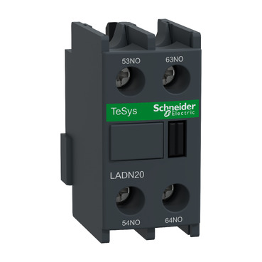 LADN20 TeSys Deca, auxiliary contact block, 2 NO, top mount, screw clamp terminals, for LC1D09 to LC1D150 contactors