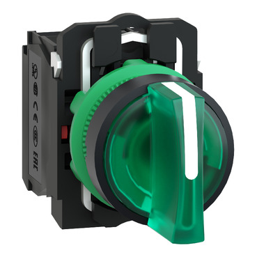 XB5AK133M5 Illuminated selector switch, Harmony XB5, grey plastic, green handle, 22mm, universal LED, 3 positions, 1NO + 1NC, 230...240V AC