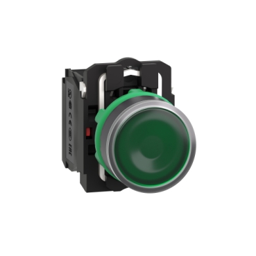 XB5AW33M5 Illuminated push button, Harmony XB5, plastic, green flush, 22mm, universal LED, plain lens, 1NO + 1NC, 230...240V AC