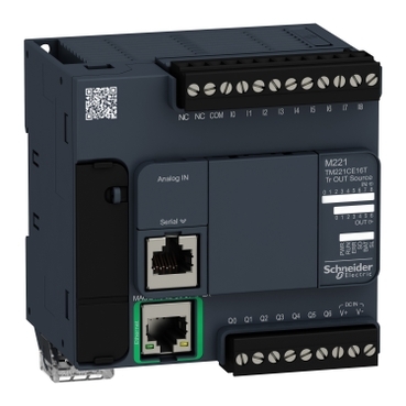TM221CE16T logic controller, Modicon M221, 16 IO, 9 DI, 7 DO, transistor, PNP, Ethernet Schneider Electric