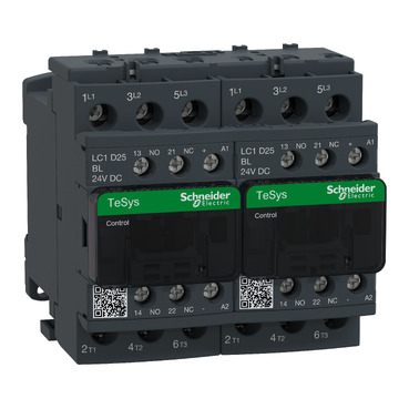 LC2D25BL TeSys Deca reversing contactor – 3P(3 NO) – AC-3 – <= 440 V 25 A – 24 V low consumption DC coil
