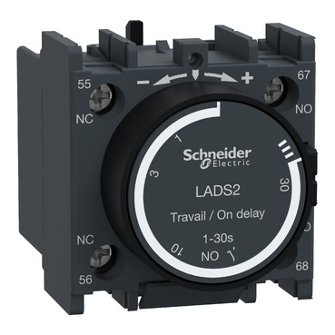 LADS2 Time delay auxiliary contact block, TeSys Deca, 1NO + 1NC, on delay 1-30s, front, screw clamp terminals