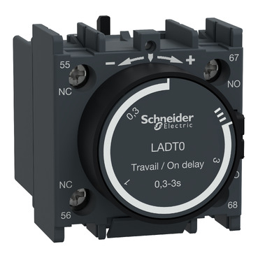 LADT0 Time delay auxiliary contact block, TeSys Deca, 1NO + 1NC, on delay 0.3-3s, front, screw clamp terminals
