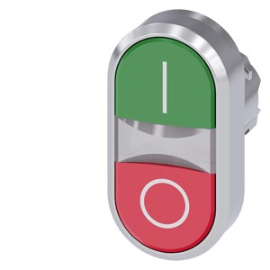 3SU1051-3AB42-0AK0 Illuminated twin pushbutton, 22 mm, round, metal, shiny, green: I, red: O, pushbuttons, flat