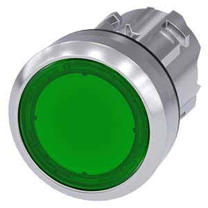 3SU1051-0AB40-0AA0 Illuminated pushbutton, 22 mm, round, metal, shiny, green, pushbutton, flat, momentary contact type