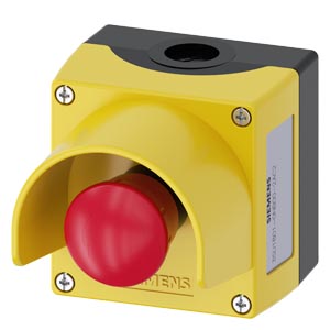 3SU1801-0NB00-2AC2 Enclosure for command devices, 22 mm, round, Enclosure material plastic, Enclosure top part yellow, with protective collar, 1 control point plastic, A=EMERGENCY STOP mushroom pushbutton red, 40 mm, rotate-to-unlatch, 1 NC, 1 NC, screw t