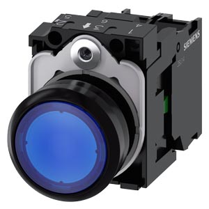 3SU1102-0AB50-1BA0 Illuminated pushbutton, 22 mm, round, plastic, blue, pushbutton, flat, momentary contact type, with holder, 1 NO, LED module with integrated LED 24 V AC/DC, screw terminal