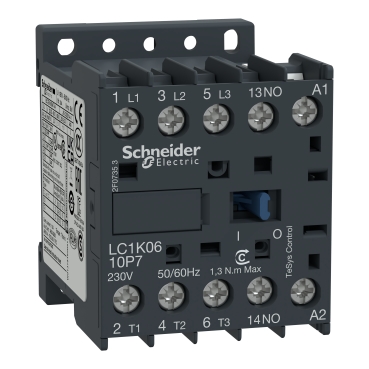LC1K1210P7 Contactor, TeSys K, 3P, AC-3/AC-3e,440V 12A, aux. 1NO, 230V AC coil, screw clamp terminals