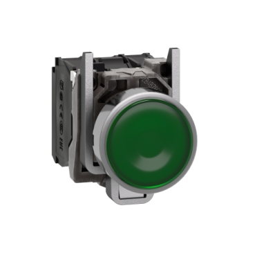 XB4BW33G5 Harmony XB4, Illuminated push button, metal, flush, green, Ø22, spring return, 110...120 V AC, 1 NO + 1 NC