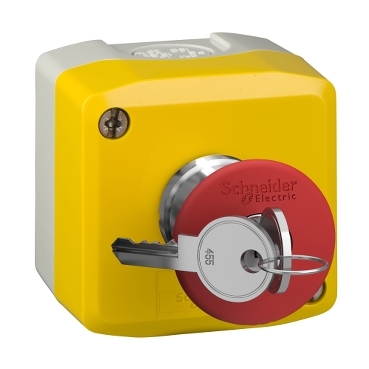 XALK188 Harmony XALD XALK, Control station, plastic, yellow lid, 1 red mushroom push button 40mm, key release, 1NC
