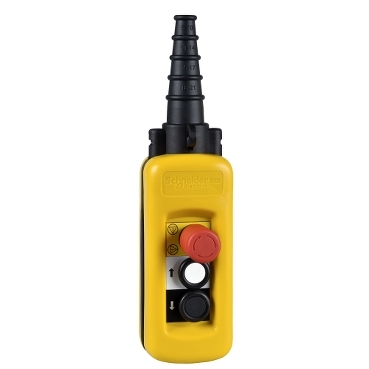 XACA2813 Harmony XAC, Pendant control station, plastic, yellow, 2 push buttons with NO + NC, 1 emergency stop NC