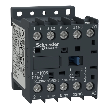 LC1K0601P7 TeSys K contactor, 3P, AC-3 440V 6 A, 1NC aux, 230V AC coil, standard