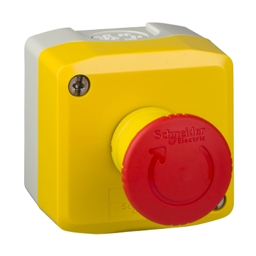 XALK178 Harmony XALD, XALK, Control station, plastic, yellow lid, 1 red mushroom push button Ø40, turn to release, 1 NC