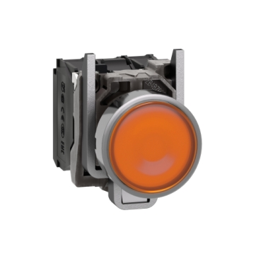 XB4BW35B5 Illuminated push button, Harmony XB4, metal, orange flush, 22mm, universal LED, plain lens, 1NO + 1NC, 24V AC DC