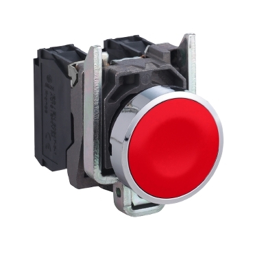 XB4BA45 Harmony XB4, Push button, metal, flush, red, Ø22, spring return, unmarked, 1 NO + 1 NC