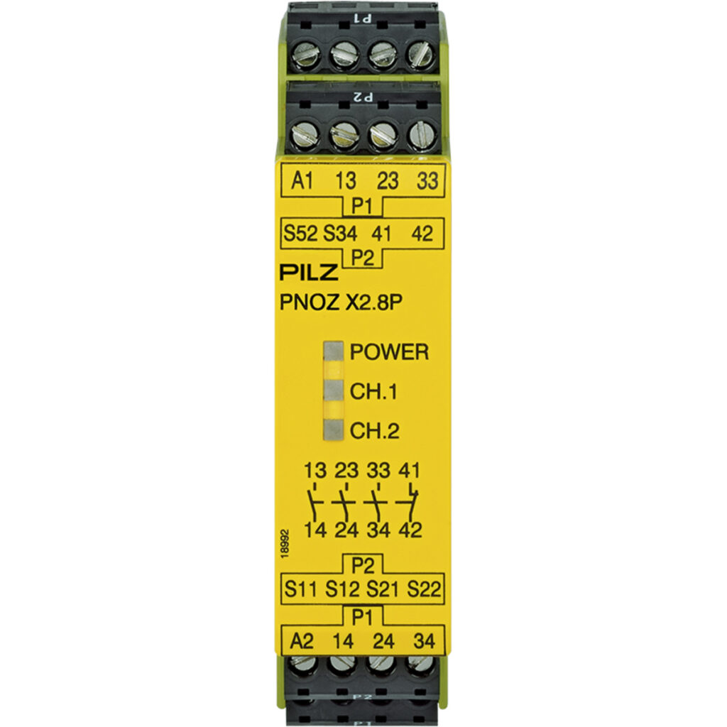 777301 Safety Relay PNOZ X2.8P, input 1/2-ch., output 3NO, 1NC, auto/man start, e-Stop/ safety gate, W22.5mm, sv 24VAC/DC, Pilz
