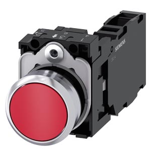 3SU1150-0AB20-1FA0 Illuminated pushbutton, 22 mm, round, metal, shiny, red, pushbutton, flat, momentary contact type, with holder, 1 NO+1 NC, LED module with integrated LED 24 V AC/DC, screw terminal Siemens