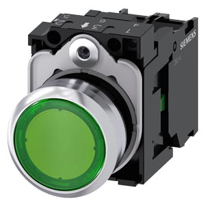3SU1152-0AB40-1BA0 Illuminated pushbutton, 22 mm, round, metal, shiny, green, pushbutton, flat, momentary contact type, with holder, 1 NO, LED module with integrated LED 24 V AC/DC, screw terminal