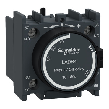 LADR4 Time delay auxiliary contact block, TeSys Deca, 1NO + 1NC, off delay 10-180s, front, screw clamp terminals