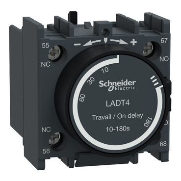 LADT4 Time delay auxiliary contact block, TeSys Deca, 1NO + 1NC, on delay 10-180s, front, screw clamp terminals Schneider Electric