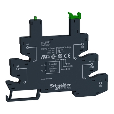 SSLZRA1 socket equipped with LED and protection circuit, Harmony Solid State Relays, for SSL relays, spring terminals, 5 to 24V DC Schneider Electric