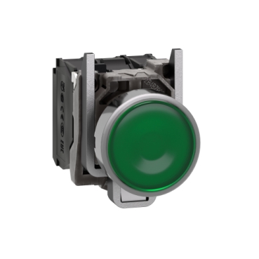 XB4BW33B5 Illuminated push button, Harmony XB4, metal, green flush, 22mm, universal LED, plain lens, 1NO + 1NC, 24V AC DC