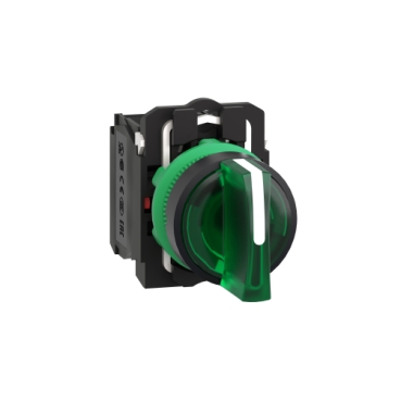 XB5AK133B5 illuminated selector switch, Harmony XB5, grey plastic, green handle, 22mm, 3 positions, universal LED, 1NO + 1NC, 24V AC/DC