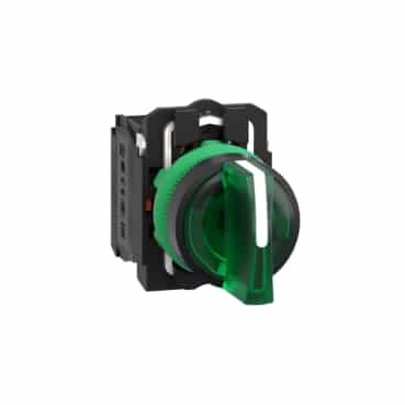 XB5AK133B5 illuminated selector switch, Harmony XB5, grey plastic, green handle, 22mm, 3 positions, universal LED, 1NO + 1NC, 24V AC/DC