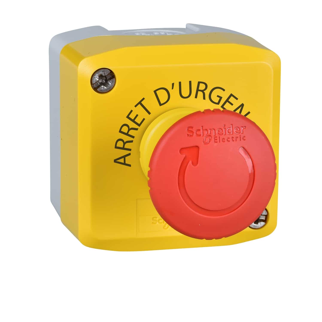 XALK178F Control station, plastic, yellow lid, 1 red mushroom push button Ø40, turn to release, 2 NC