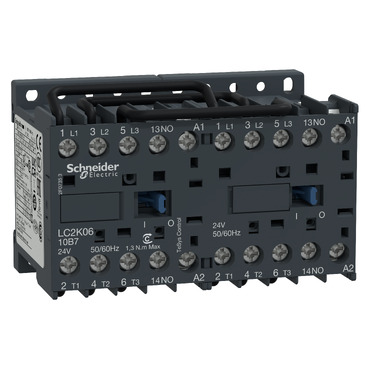 LC2K1210B7 Reversing contactor, TeSys K, 3P, AC-3, lt or eq to 440V 12 A, 1 NO, 24VAC coil
