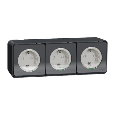 MUR36038 Triple socket-outlet, Mureva Styl, 2P + E with shutters, side earth, 16A, 250V, surface, anthracite
