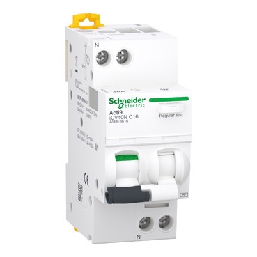 A9DE3616 residual current breaker with overcurrent protection (RCBO), Acti9 iCV40, 1P+N, 16 A, C Curve, 6000 A, 30 mA, AC type