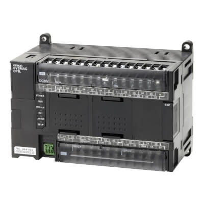 CP1L-EM40DR-D PLC, 24 VDC supply, 24 x 24 VDC inputs, 16 x relay outputs 2 A, 2 x analog inputs, 10K steps program + 32K words data memory, 1 x Ethernet port