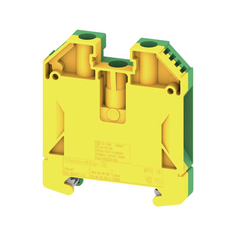 WPE 16 PE terminal, Screw connection, Green/yellow, 16 mm², 1000 V, Number of connections: 2, Number of levels: 1, TS 35, V-0, Wemid 1010400000