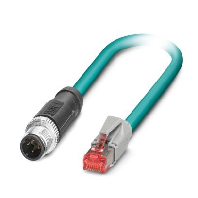 1407363 NBC-M12MSD/10,0-93E/R4AC Network cable, Ethernet CAT5 (100 Mbps), 4-position, PUR halogen-free, water blue RAL 5021, shielded (Advanced Shielding Technology), Plug straight M12, coding: D / IP67, on Plug straight RJ45 / IP20, cable length: 10 m