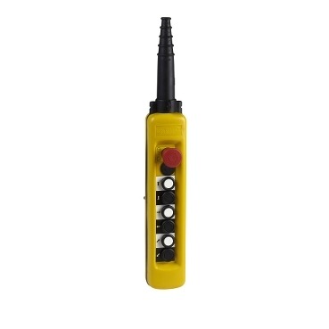 XACA6913 Pendant control station, Harmony XAC, plastic, yellow, 7 buttons 2NO + 1NC, 1 emergency stop 40 mm trigger blank 1NC, 2 speeds
