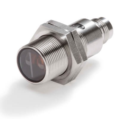 E3FC-RP21 Photoelectric sensor, M18 threaded barrel, stainless steel, red LED, retro-reflective, 4 m, PNP, Light-ON/Dark-ON, M12 connector